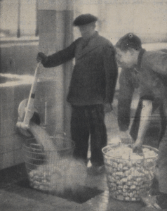 300254 Afbeelding van enkele medewerkers bij de aardappelschilmachine in het nieuwe gebouw van de Centrale Keuken ...